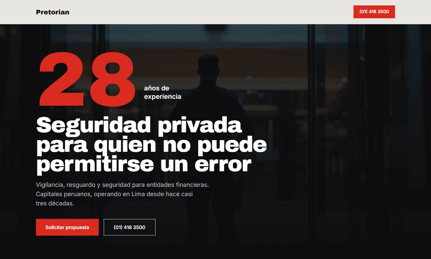 Portada de la propuesta para Pretorian, con tipografía de gran tamaño sobre fondo claro